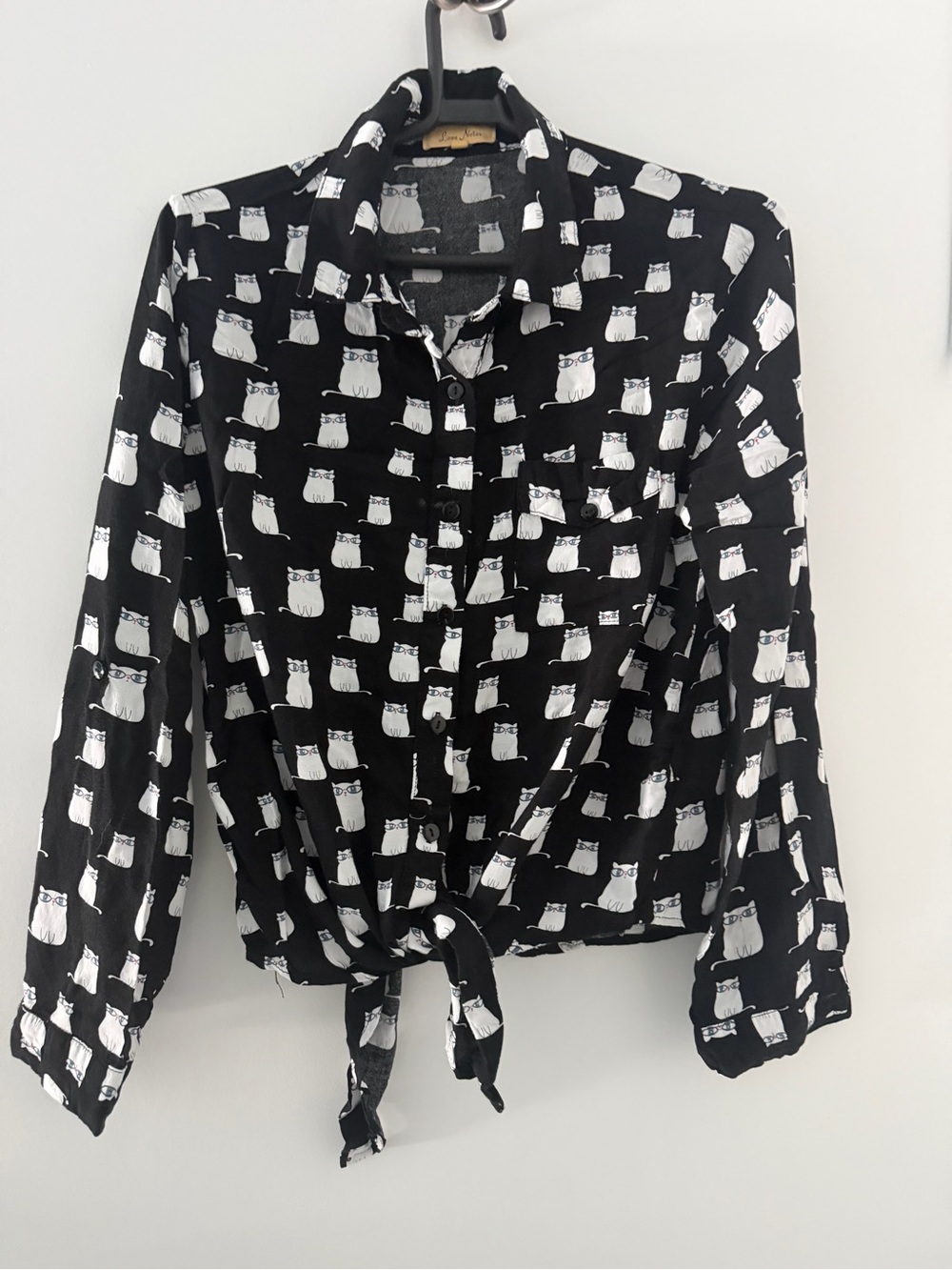 Love Notes Black Shirt with White Cat Print and Front Tie